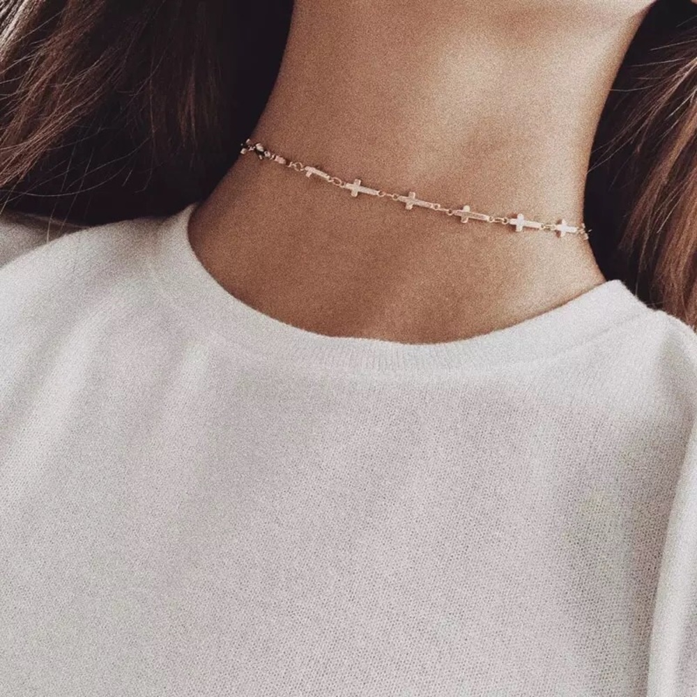 "Always & Forever" Cross Choker Silver Gold Trendy Christian Faith Cute Necklace - Picture 3 of 6
